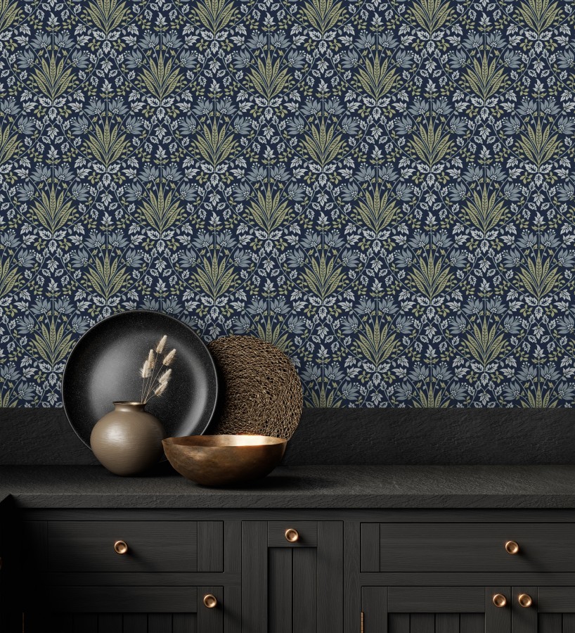 Papel pintado damasco botánico verde y fondo azul oscuro  Scott Morrisian 683673