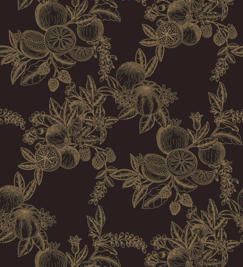 Papel pintado de frutos y hojas oro fondo negro  Sicily Pomm 683674