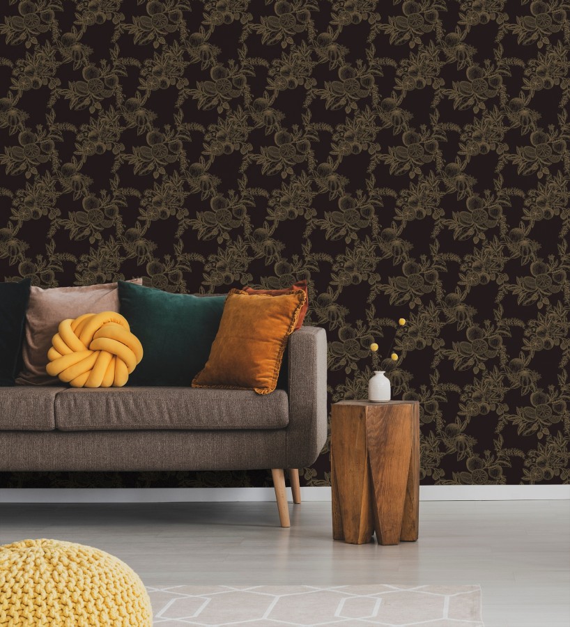 Papel pintado de frutos y hojas oro fondo negro  Sicily Pomm 683674