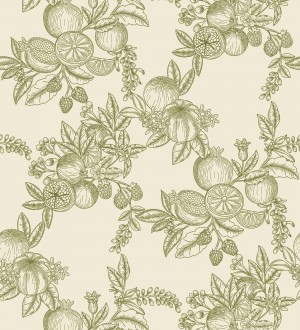 Papel pintado de frutos y hojas color verde fondo crema  Sicily Pomm 683675