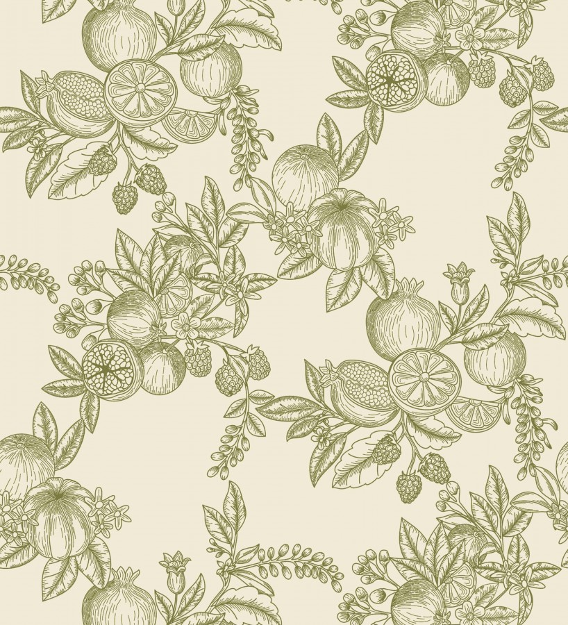 Papel pintado de frutos y hojas color verde fondo crema   Sicily Pomm 683675