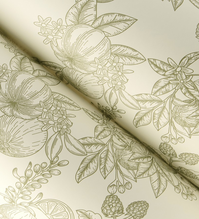 Papel pintado de frutos y hojas color verde fondo crema   Sicily Pomm 683675