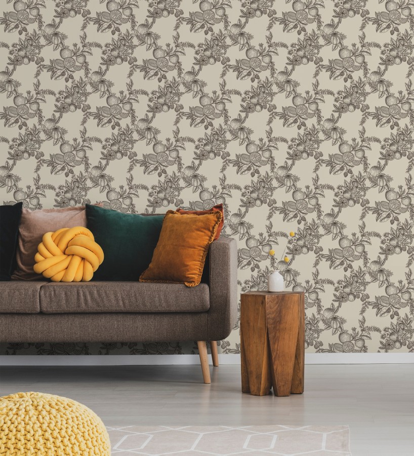 Papel pintado de frutos y hojas color negro fondo crema  Sicily Pomm 683676