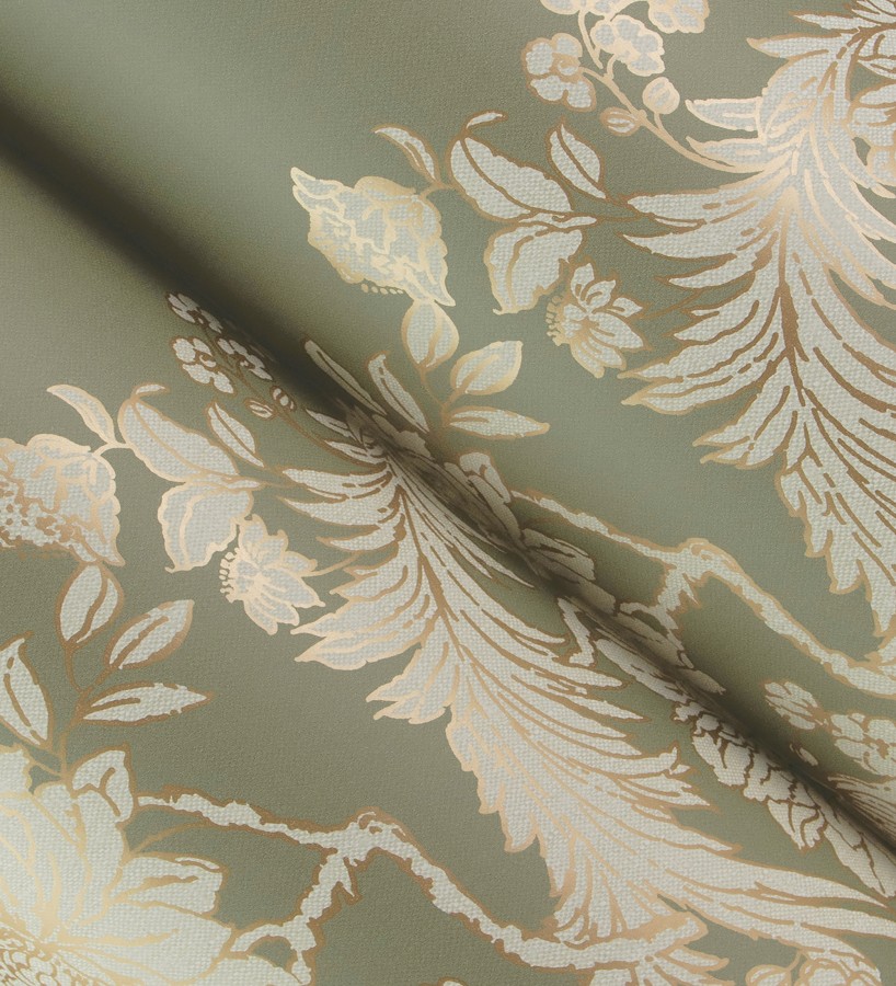 Papel pintado ornamental de flores perfiladas en oro fondo verde  Montrose Grand 683678
