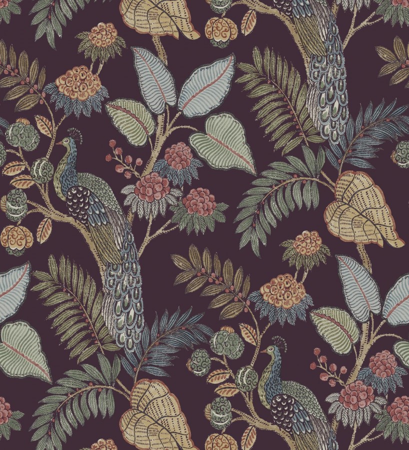 Papel pintado exótico de pavos reales y selva fondo negro cálido  Mayfair Peacock 683683