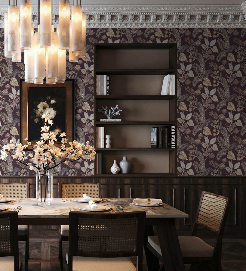 Papel pintado exótico de pavos reales y selva fondo negro cálido  Mayfair Peacock 683683