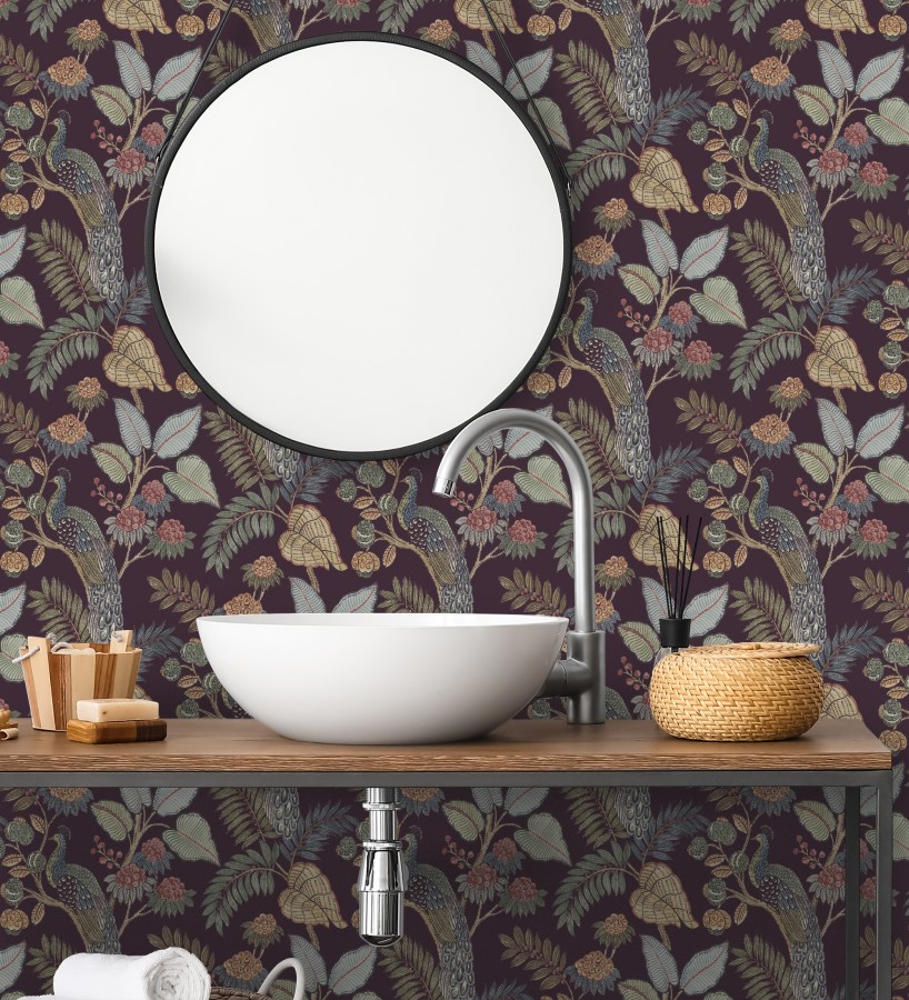 Papel pintado exótico de pavos reales y selva fondo negro cálido  Mayfair Peacock 683683