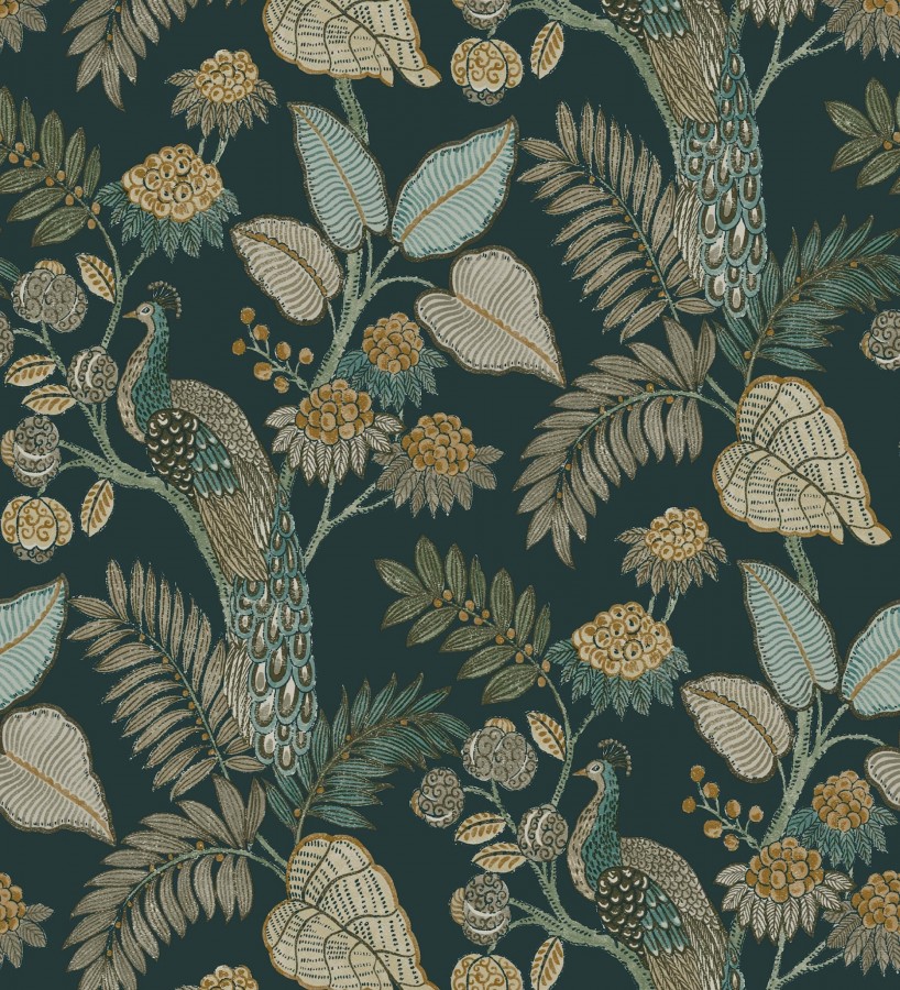 Papel pintado exótico de pavos reales y selva fondo verde oscuro  Mayfair Peacock 683684