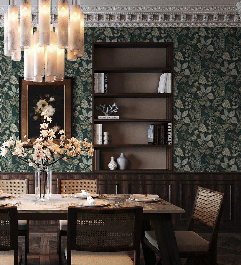 Papel pintado exótico de pavos reales y selva fondo verde oscuro  Mayfair Peacock 683684