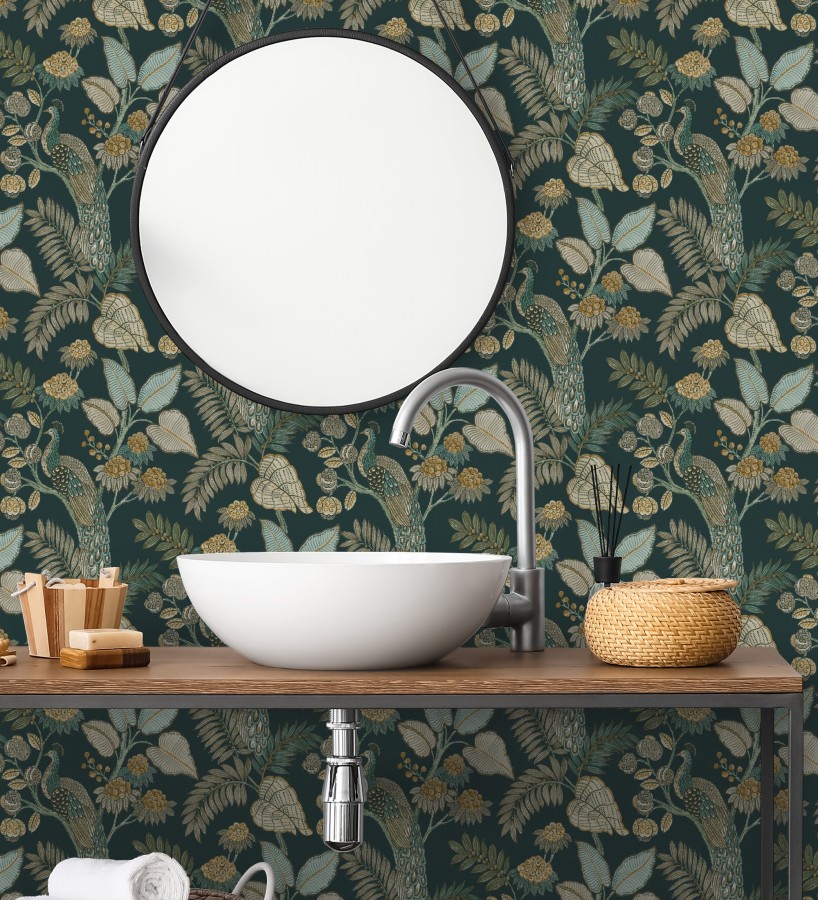 Papel pintado exótico de pavos reales y selva fondo verde oscuro  Mayfair Peacock 683684