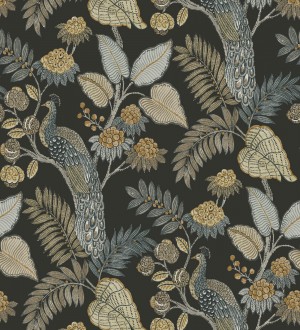 Papel pintado exótico de pavos reales y selva fondo negro Mayfair Peacock 683685
