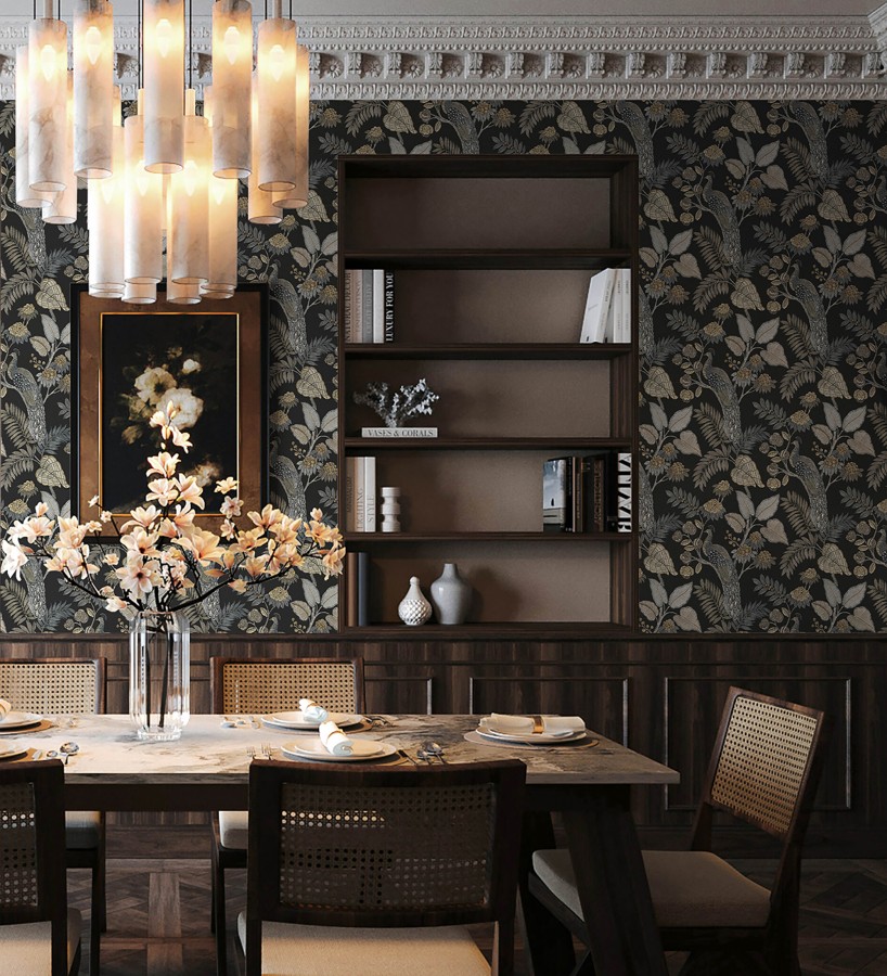 Papel pintado exótico de pavos reales y selva fondo negro  Mayfair Peacock 683685