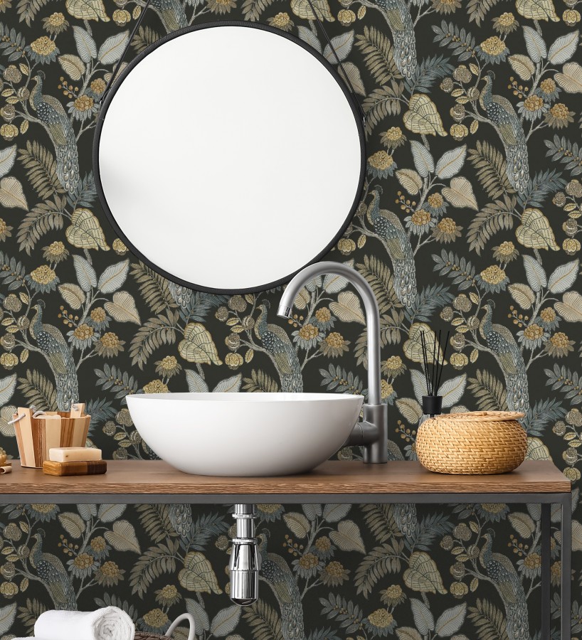 Papel pintado exótico de pavos reales y selva fondo negro  Mayfair Peacock 683685