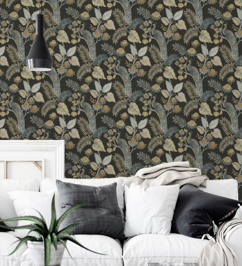 Papel pintado exótico de pavos reales y selva fondo negro  Mayfair Peacock 683685
