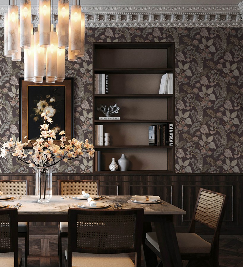 Papel pintado exótico de pavos reales y selva tonos sepia  Mayfair Peacock 683686