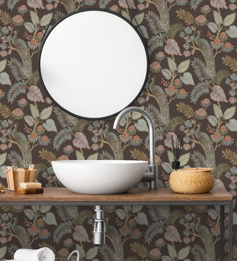 Papel pintado exótico de pavos reales y selva tonos sepia  Mayfair Peacock 683686