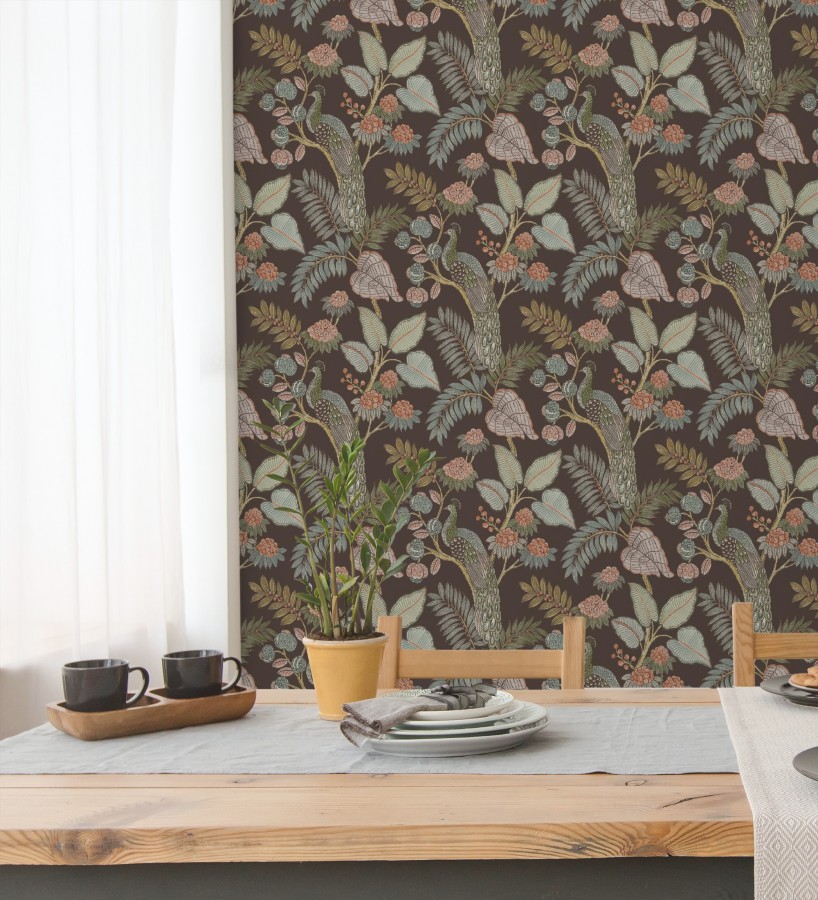 Papel pintado exótico de pavos reales y selva tonos sepia  Mayfair Peacock 683686