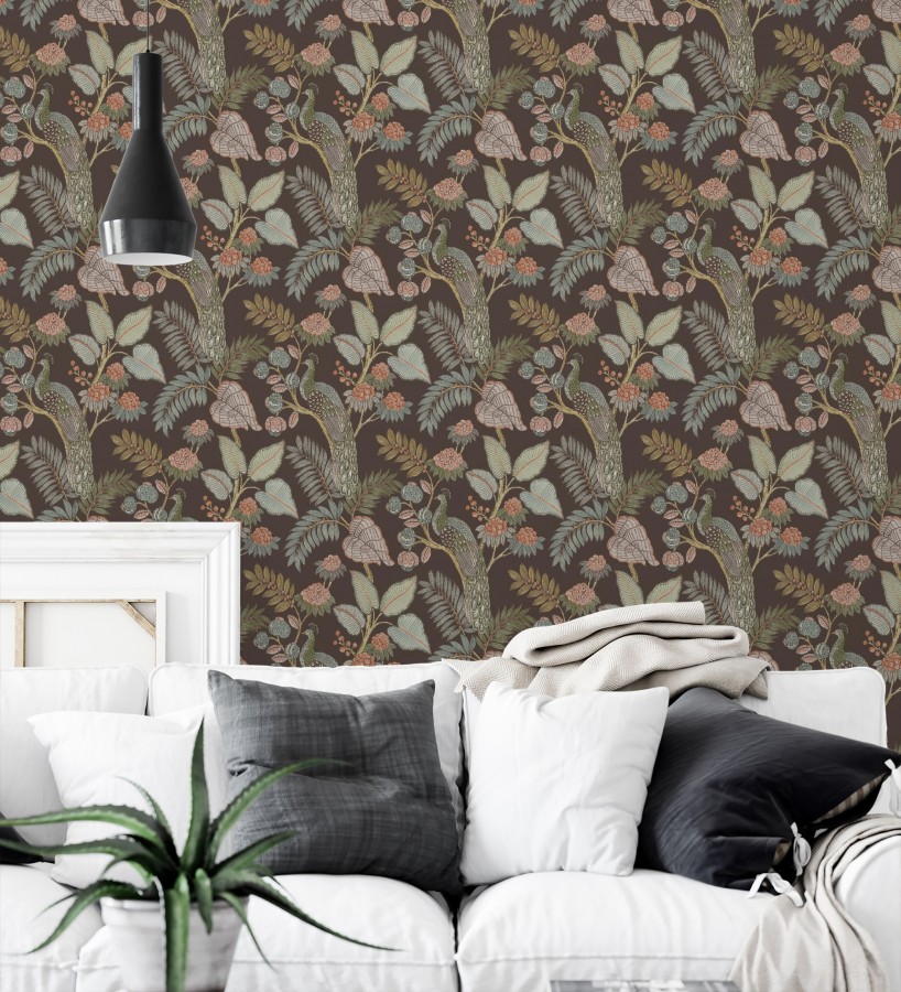 Papel pintado exótico de pavos reales y selva tonos sepia  Mayfair Peacock 683686