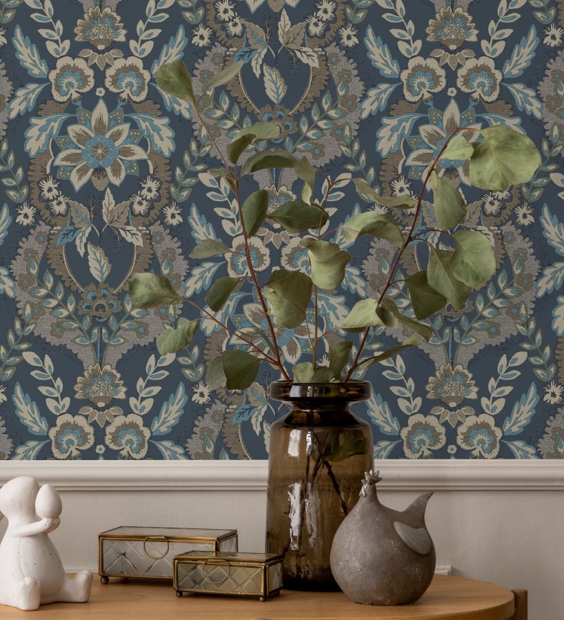 Papel pintado ornamental de flores estilo inglés fondo azul  Chelsea Regal 683692