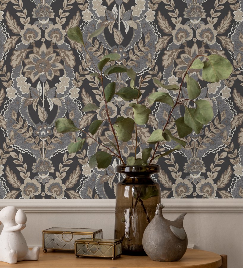 Papel pintado ornamental de flores estilo inglés fondo negro  Chelsea Regal 683693