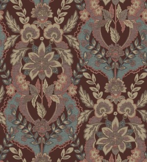 Papel pintado ornamental de flores estilo inglés fondo burdeos Chelsea Regal 683695