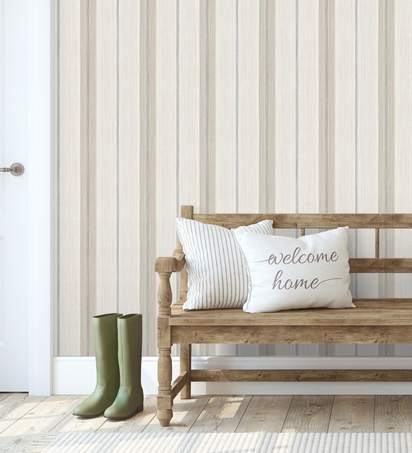 Papel pintado de rayas efecto lino natural texturado color gris visón  Clarendon Lined 683700