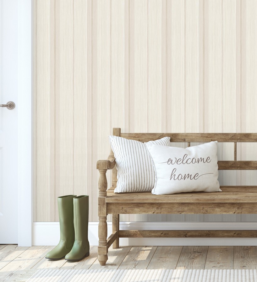 Papel pintado de rayas efecto lino natural texturado en color beige  Clarendon Lined 683701