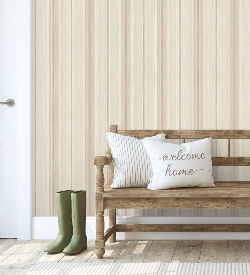 Papel pintado de rayas efecto lino natural texturado color terracota  Clarendon Lined 683702