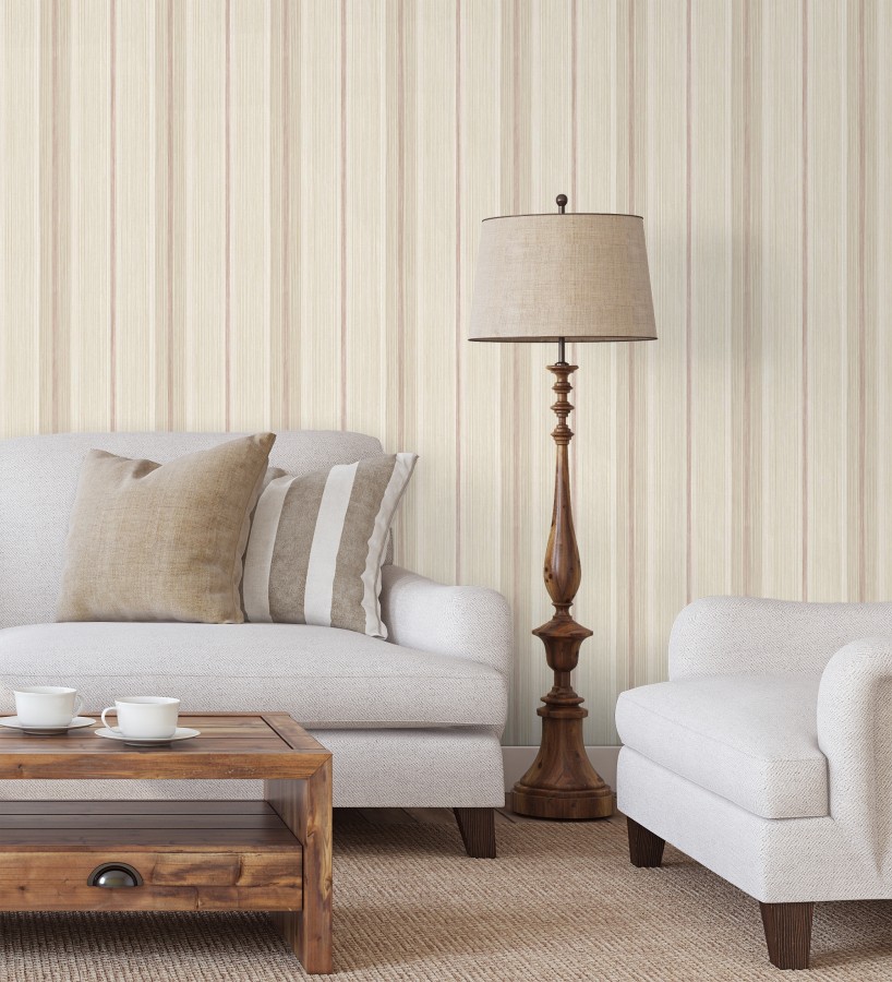 Papel pintado de rayas efecto lino natural texturado color terracota  Clarendon Lined 683702