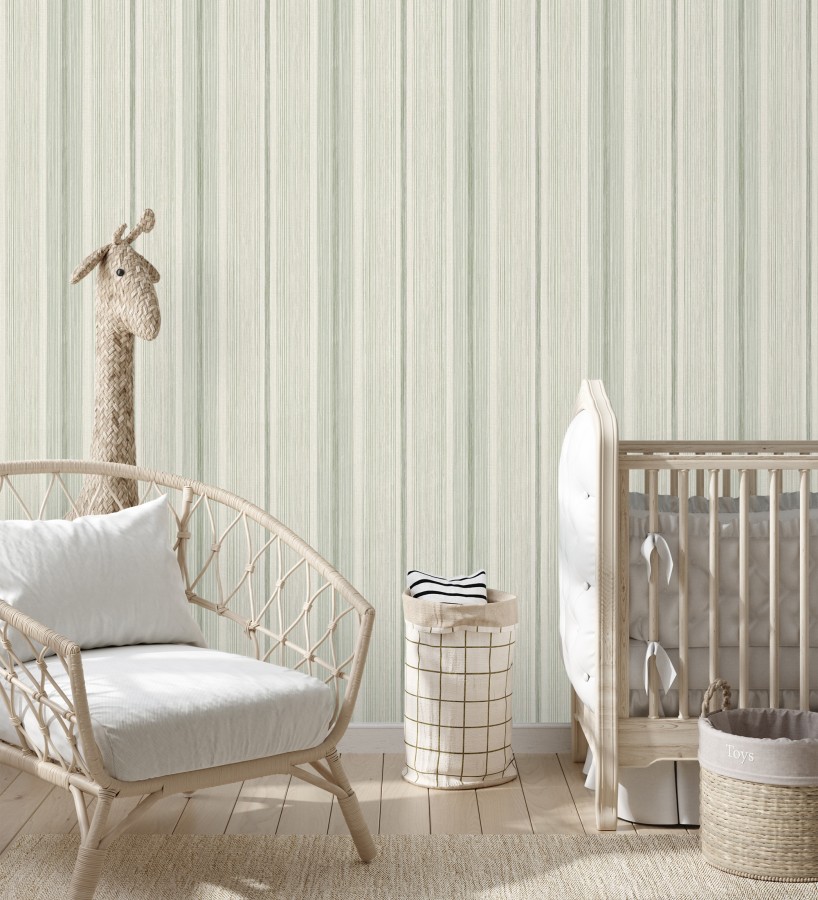Papel pintado de rayas efecto lino natural texturado en color verde  Clarendon Lined 683703