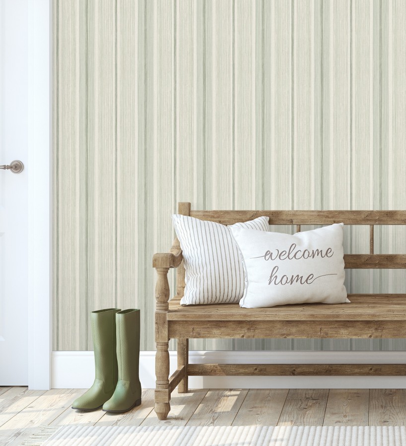 Papel pintado de rayas efecto lino natural texturado en color verde  Clarendon Lined 683703