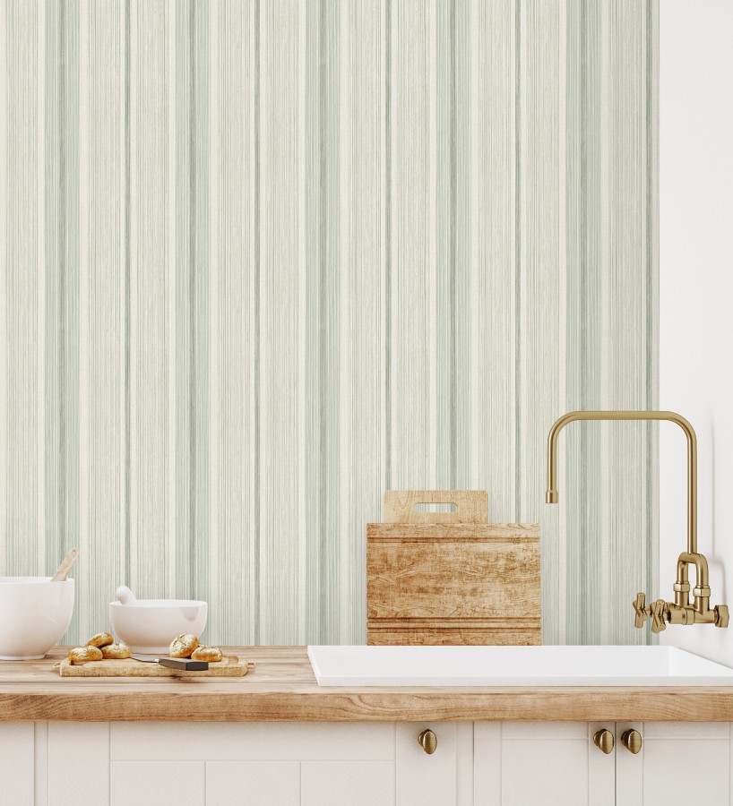 Papel pintado de rayas efecto lino natural texturado en color verde  Clarendon Lined 683703
