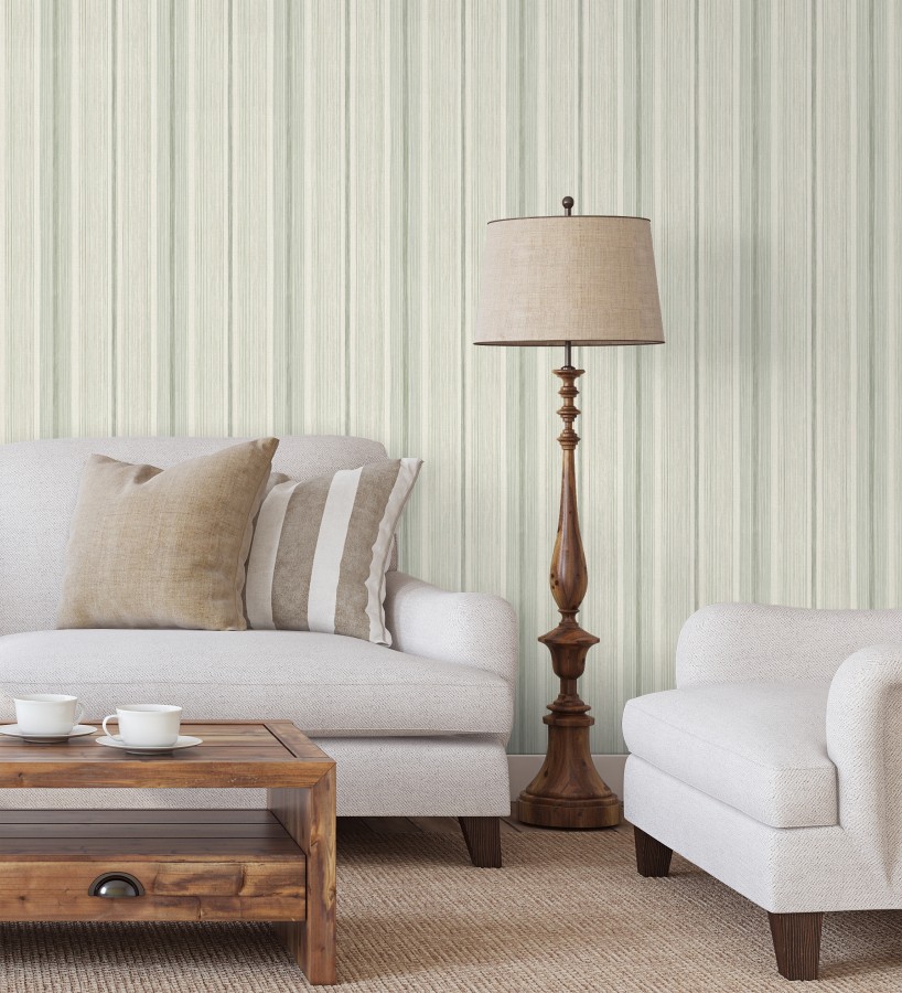 Papel pintado de rayas efecto lino natural texturado en color verde  Clarendon Lined 683703