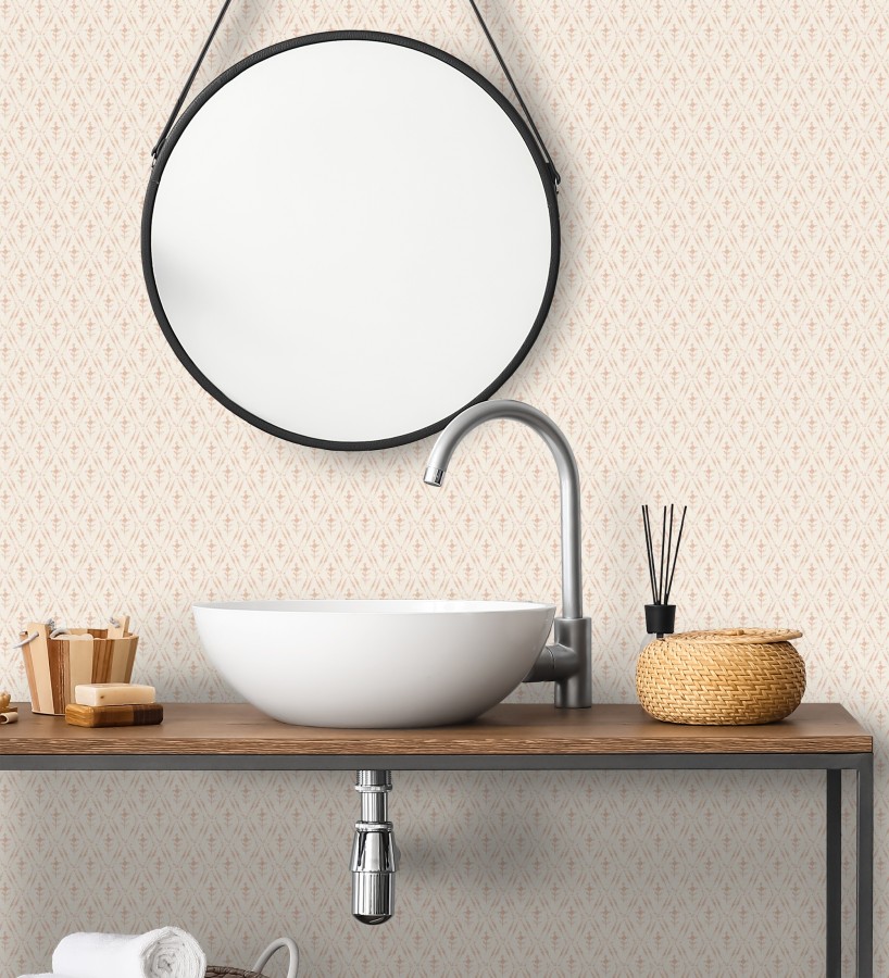 Papel pintado rombos sobre lienzo diseño ikat tonos coral  Skye Trellis 683709