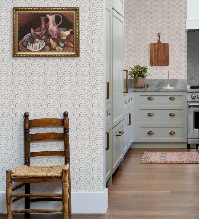 Papel pintado rombos sobre lienzo diseño ikat tonos beige  Skye Trellis 683712