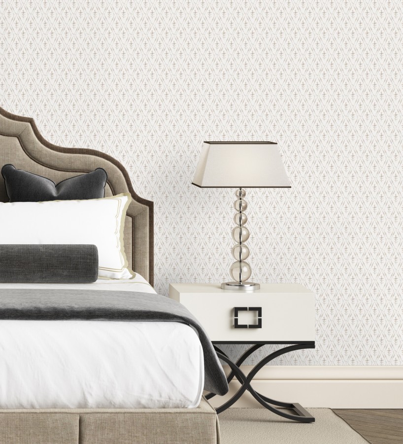 Papel pintado rombos sobre lienzo diseño ikat tonos beige  Skye Trellis 683712