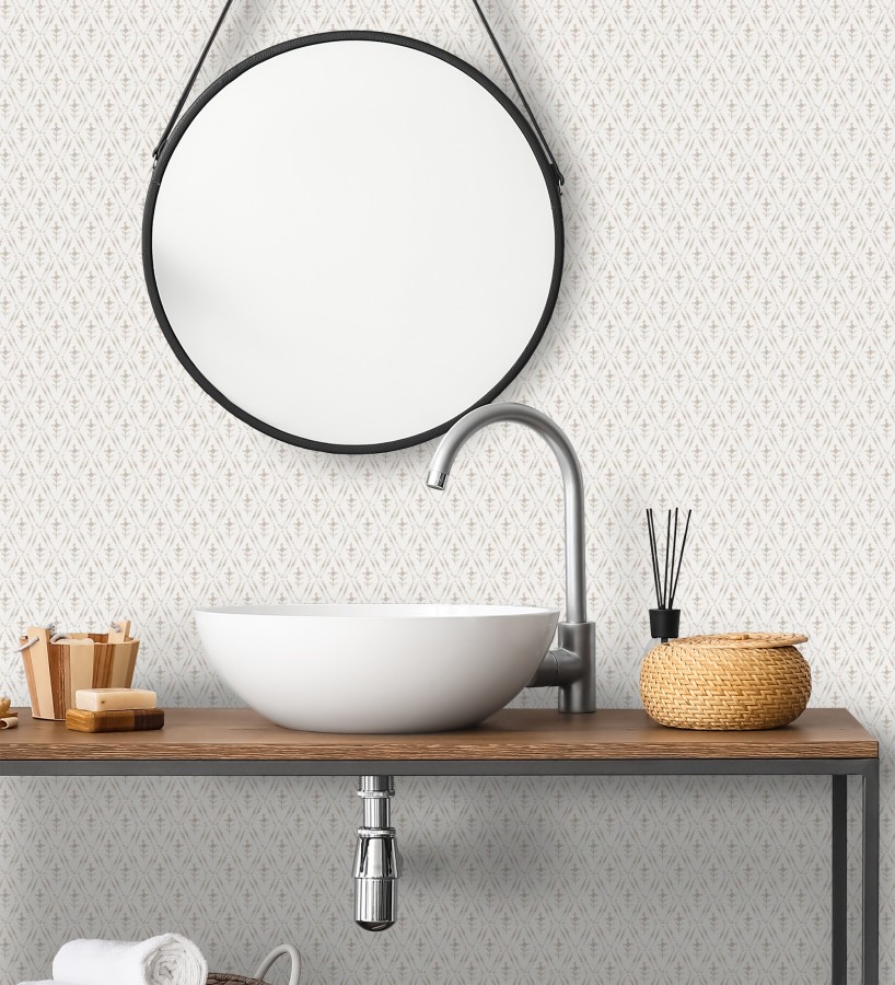 Papel pintado rombos sobre lienzo diseño ikat tonos beige  Skye Trellis 683712