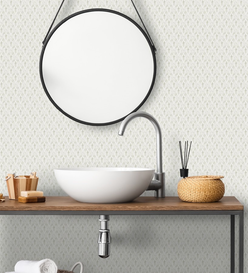 Papel pintado rombos sobre lienzo diseño ikat tonos verde  Skye Trellis 683713