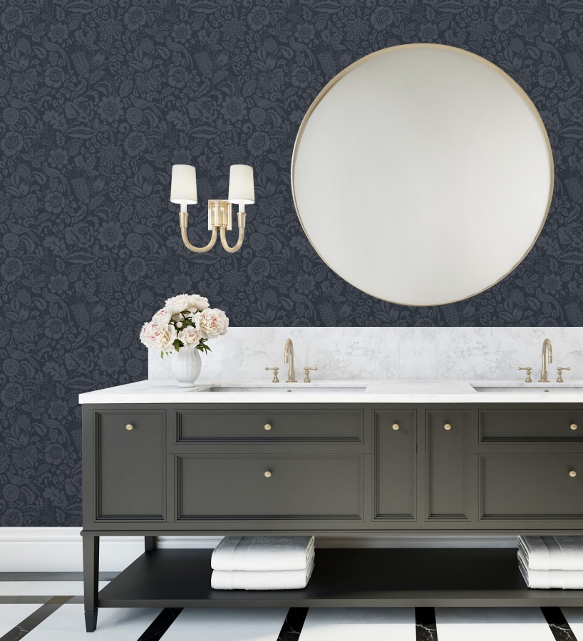 Papel pintado jardín romántico con pájaros color azul oscuro  Kelmscott Folklore 683720