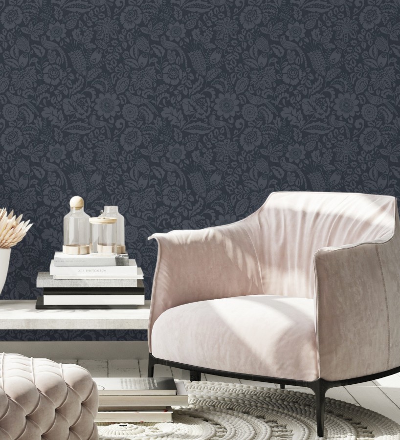 Papel pintado jardín romántico con pájaros color azul oscuro  Kelmscott Folklore 683720