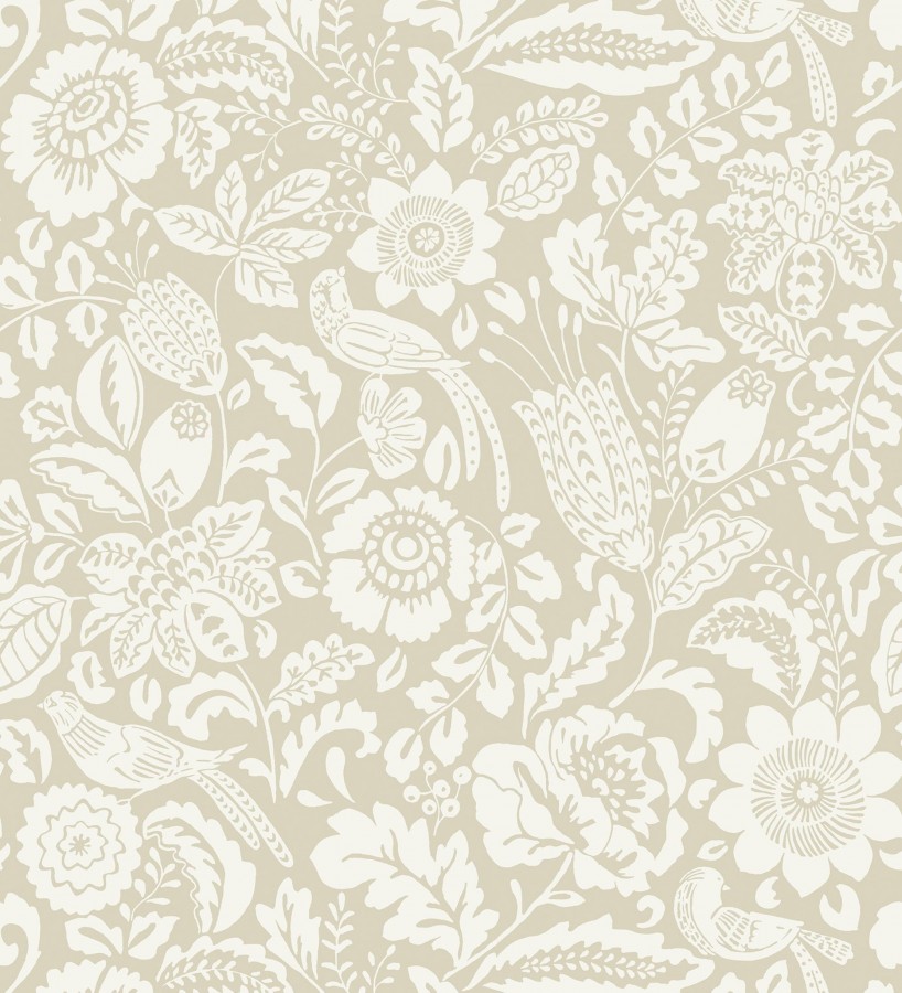 Papel pintado jardín romántico con pájaros color beige  Kelmscott Folklore 683721