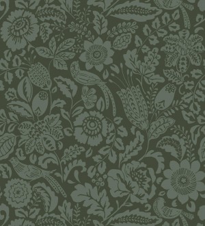 Papel pintado jardín romántico con pájaros color verde Kelmscott Folklore 683722