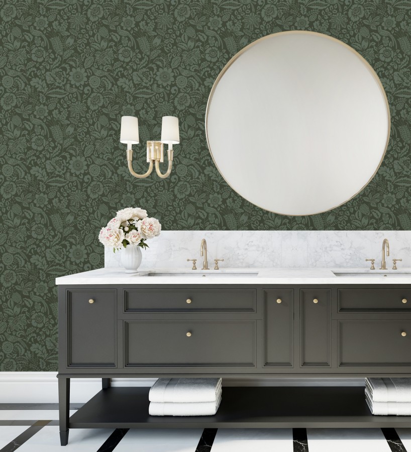 Papel pintado jardín romántico con pájaros color verde  Kelmscott Folklore 683722