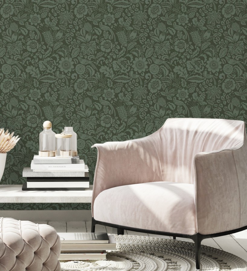 Papel pintado jardín romántico con pájaros color verde  Kelmscott Folklore 683722