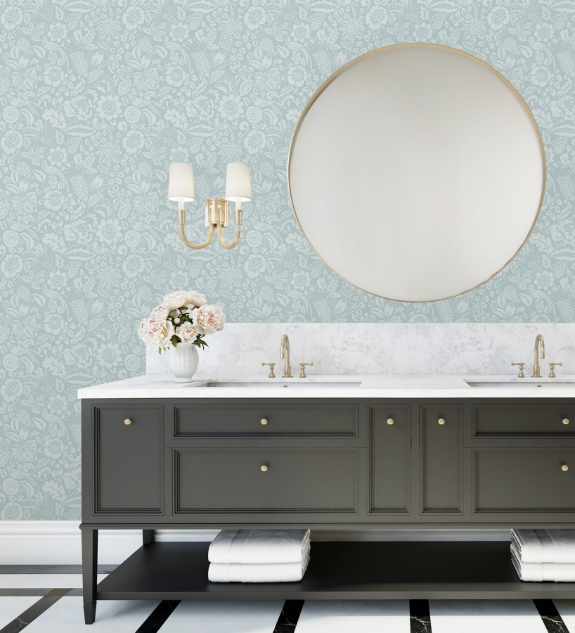 Papel pintado jardín romántico con pájaros color celeste  Kelmscott Folklore 683723