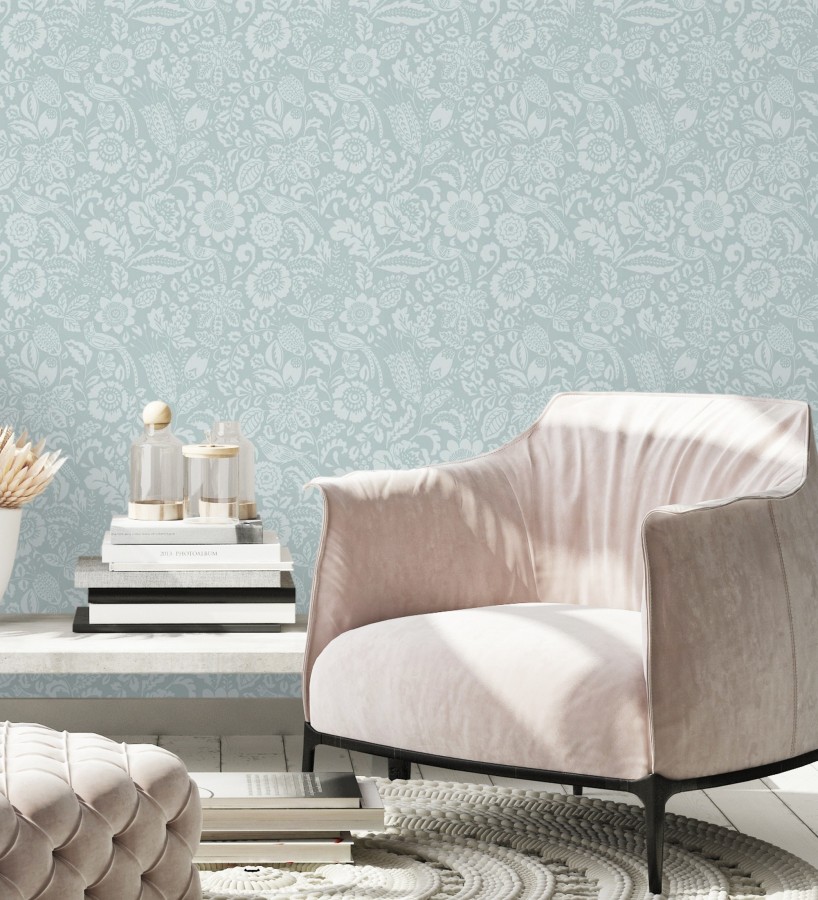 Papel pintado jardín romántico con pájaros color celeste  Kelmscott Folklore 683723