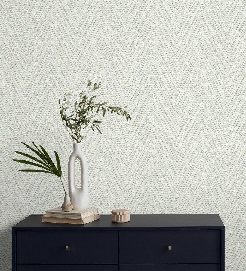 Papel pintado de espigas verde y celeste efecto textil bordado  Pembroke Woven 683730