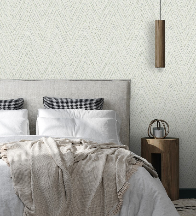 Papel pintado de espigas verde y celeste efecto textil bordado  Pembroke Woven 683730