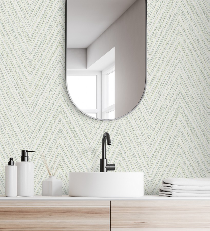 Papel pintado de espigas verde y celeste efecto textil bordado  Pembroke Woven 683730