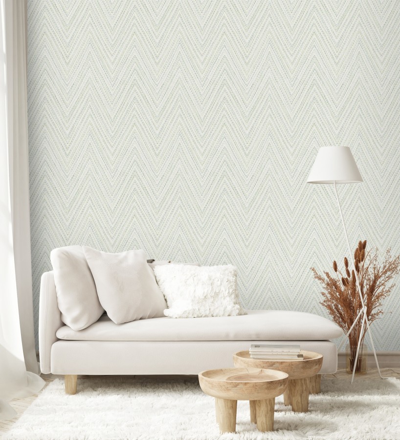 Papel pintado de espigas verde y celeste efecto textil bordado  Pembroke Woven 683730